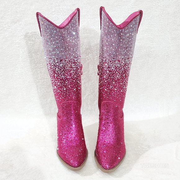 Wild Ones Fuchsia Ombre Rhinestone Western Cowgirl Knee Boots Hot Pink - Picture 5 of 17